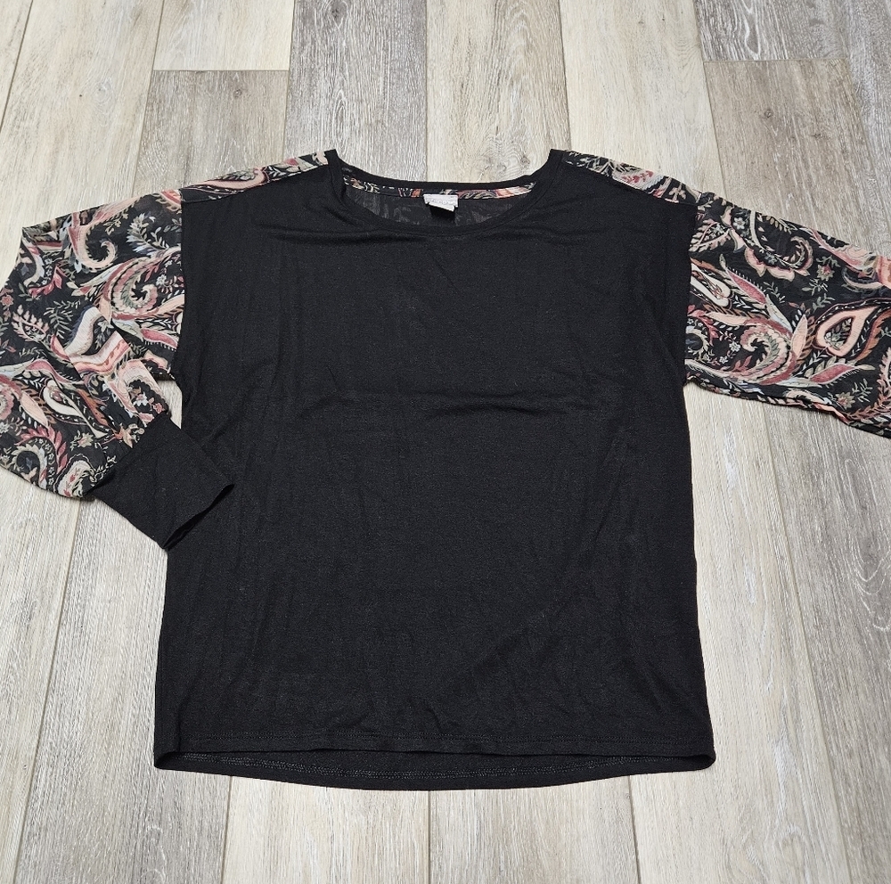 Chicos Relaxed Fit Blouse Paisley Sheer Sleeves Black Women's Small 0